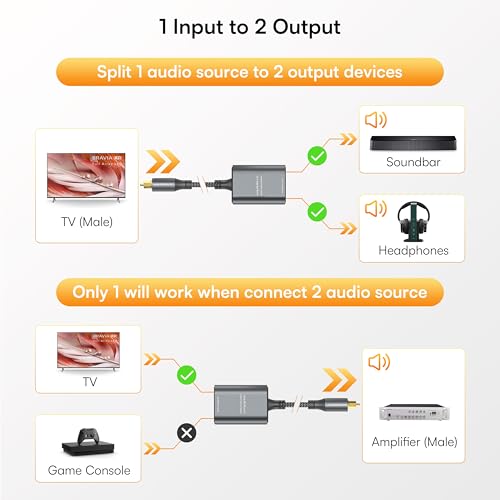 Warrky Optical Splitter, 1 in 2 Out Optical Splitter 2ft [Aluminum Shell, Gold Plated] Toslink Splitter for LPCM 2.0, Dolby, DTS 5.1, Compatible with Soundbar, Headphones, TVs
