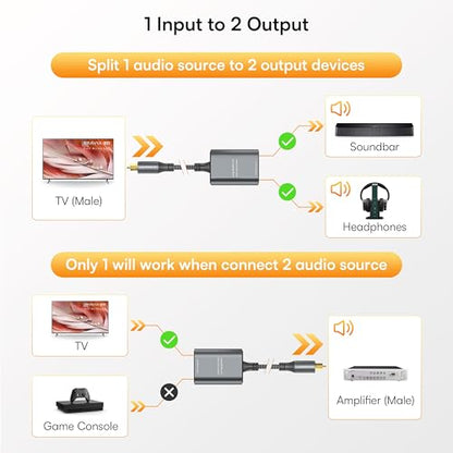 Warrky Optical Splitter, 1 in 2 Out Optical Splitter 2ft [Aluminum Shell, Gold Plated] Toslink Splitter for LPCM 2.0, Dolby, DTS 5.1, Compatible with Soundbar, Headphones, TVs