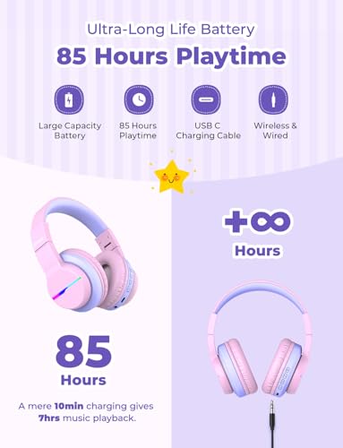 iClever BTH12 Kids Bluetooth Headphones 85H Playtime with LED Lights Travel - color: Pink&Black
