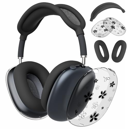 Joyland Silicone Case for AirPods Max Headphones,Black Flowers Soft TPU Ear Cups Cover/Ear Pad Cover/Headband Protection for Apple AirPods Max USB-C/Lightning (2024/2020),Clear Black - color: Black-Black Flowers