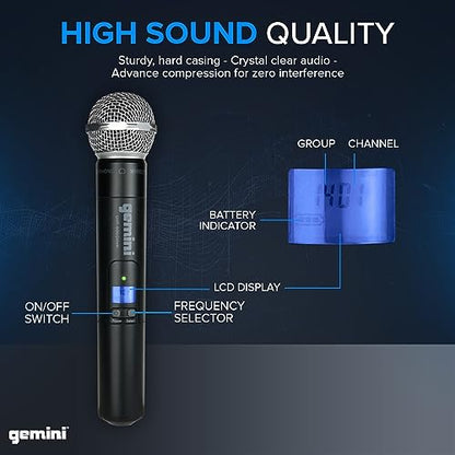 Gemini UHF Dual Wireless Handheld Microphone System (UHF-6200M) | Dual-channel UHF handheld mics, 512-537.5 MHz - auto SYNC pairing - 2 XLR outs + 1/4" summed mix out - LCD, 1U rack mount - style: Dual Wireless Handheld Mic System