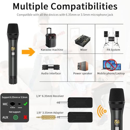 Wireless Microphone, UHF Handheld Cordless Dynamic Mic, 200ft Auto Connect | 2 Dual Metal Mic System Set with Rechargeable Receiver, for Karaoke Singing Speech Party Wedding Church Home KTV