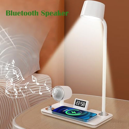IHAO Smart LED Desk Lamp with Wireless Charger & Bluetooth Speaker, 15W Fast Charging Station for Phone & Earbuds Touch Control 3 Light Modes Alarm Clock Adjustable Eye-CareTable Lamp-HYT1772 White - color: Table Lamp 4in1 with bluetooth speaker HYT1772 W