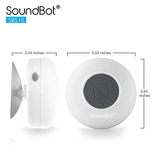 Soundbot SB510 Water-Resistant Bluetooth Shower Speaker, Suction Cup, White | Up to 6 hours of playtime, built-in microphone, 33-foot range, tactile controls, compact design, clear audio, USB charging - color: White, size: 4*3.38*3.38 in.