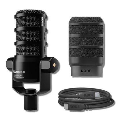 Rode PodMic USB Dynamic Broadcast Microphone Bundle with WS14 Black External Pop Filter — XLR and USB-C, 24-Bit, Aphex DSP, Cardioid Studio Mic for Podcasting, Streaming, Voice Over, Broadcasting