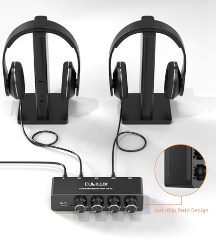 4-Way 3.5mm Headphone Amplifier with Independent Volume Control, 16-300 Ohm, Aluminum Case Stereo Audio Splitter Box for Headphone, Speaker, and Laptop-5V DC Power Supply