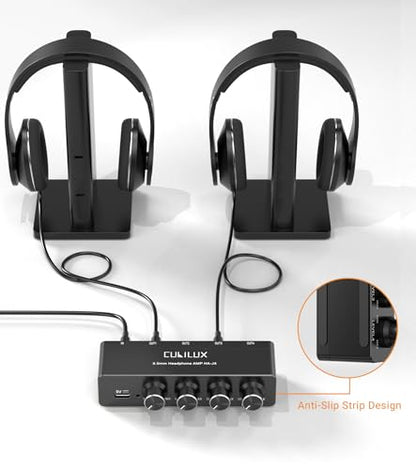 4-Way 3.5mm Headphone Amplifier with Independent Volume Control, 16-300 Ohm, Aluminum Case Stereo Audio Splitter Box for Headphone, Speaker, and Laptop-5V DC Power Supply