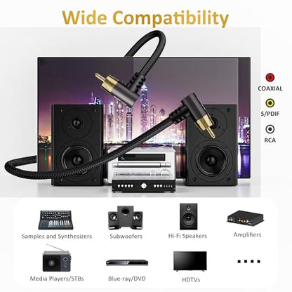 90 Degree RCA Subwoofer Coaxial Audio Cable 1FT, Dual Shielded Digital Analogue RCA Cord, Dual Right Angle Gold-Plated Connectors, Braided, for HDTV, Subwoofer, Hi-Fi System, Amplifier, Home Theater - size: 1FT, style: 90 Degree to 90 Degree