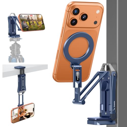 OMOTON TP02-Pro Magnetic Phone Holder, 5-in-1 Tripod Stand with Rear Attachment Plate | Desk, Kitchen, Gym, Vlogging | iPhone 12-17 Series, Blue - color: 4-Blue