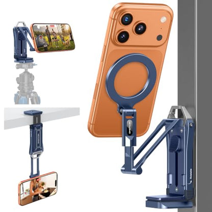 OMOTON TP02-Pro Magnetic Phone Holder, 5-in-1 Tripod Stand with Rear Attachment Plate | Desk, Kitchen, Gym, Vlogging | iPhone 12-17 Series, Blue - color: 4-Blue