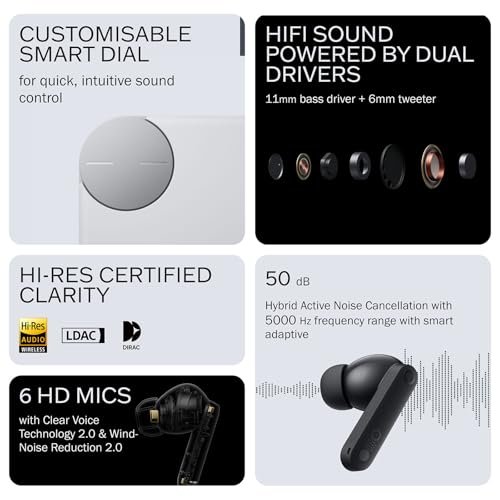 CMF Buds Pro 2 Wireless Earbuds with Smart Dial, 50dB Hybrid Noise Cancelling Earbuds Wireless Bluetooth 5.3, 11mm Bass with LDAC, 6 Hi-Res Audio Mics, 43H Playtime, Fast Charging Case, Light Grey - color: Light Grey