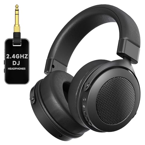 syndesmos 2.4GHz Wireless Headphones for Guitar Amp, 20ms Low Latency | Over Ear Headphones with 6.35mm & 3.5mm Jack, for Bass Guitar Studio Monitor & Mixing DJ AMP Keyboard, Black