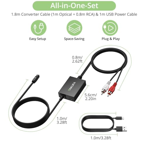 Optical to RCA Converter with Built-in Amplifier, Plug and Play | 6ft/1.8m Digital to Analog Audio Converter,192kHz 24bit ,Compatible with TV/DVD/Blu-ray players/game consoles,Space saving