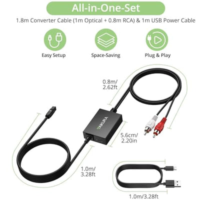 Optical to RCA Converter with Built-in Amplifier, Plug and Play | 6ft/1.8m Digital to Analog Audio Converter,192kHz 24bit ,Compatible with TV/DVD/Blu-ray players/game consoles,Space saving