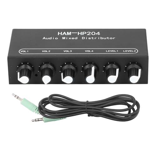 2 in 4 Out Stereo Mixer Distributor, 18 in Stereo Audio HiFi Audio Mixer, Independent Control, for PC Microphone Guitar Electronic Keyboard Speaker DC 5V to 19V.