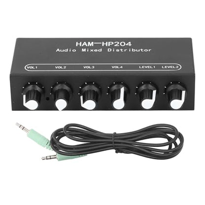 2 in 4 Out Stereo Mixer Distributor, 18 in Stereo Audio HiFi Audio Mixer, Independent Control, for PC Microphone Guitar Electronic Keyboard Speaker DC 5V to 19V.