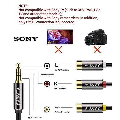 J&D 3.5 mm to 3RCA Cable, Gold Plated Copper Shell Heavy Duty 3.5mm 1/8 inch Male TRRS to 3 RCA Female Plug Stereo Audio Adapter Cable, 1 Feet - size: 1 Feet