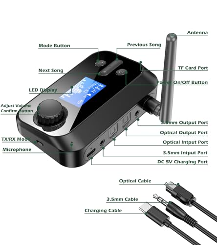 KAIY Bluetooth Transmitter for TV to Dual Headphones AUX Adapter | Bluetooth Adapter with LCD Display Adjustable Volume, Bluetooth Receiver for Home Stereo, Support 3.5mm/Optical/TF Card