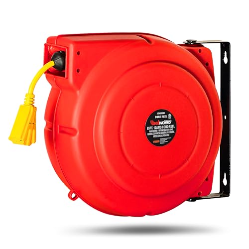ReelWorks Extension Cord Reel Retractable 12AWG x 65' Foot | 3C/SJT Heavy Duty Commercial Cable Triple Tap Connector Power 15A 125VAC 1875W