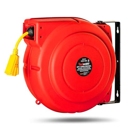 ReelWorks Extension Cord Reel Retractable 12AWG x 65' Foot | 3C/SJT Heavy Duty Commercial Cable Triple Tap Connector Power 15A 125VAC 1875W