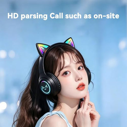 Cat-Ear Wireless Headphones Bluetooth 5.3 Over the Ear Headphones with RGB Light Built-in Mic Foldable Fashionable Stereo Headset Support TF Card for Gaming Travel PC Phone iPad（Matte Black） - color: Matte Black