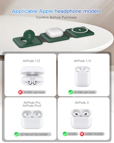 Iseyyox 3 in 1 Wireless Charger for iPhone - Foldable Charging Station Travel Charging Dock Compatible with iPhone 17 16 15 14 13 12 Pro Max Plus Watch & Airpods - color: Green