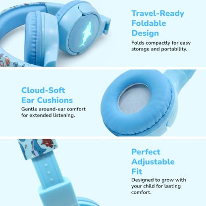 Kids Safe Wireless Light Up Headphones, Foldable Tangle-Free 3.5mm Jack, Volume Limiting 85/94dB, Over-Ear with Microphone for School/Toddlers/Teens/Boys/Girls/Ipad/Tablet/Kindle/Phones/Travel/Plane - color: Blue