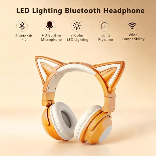 Cat Ear Headphones for Kids & Adults, LED Gaming Headset | Headphones Wired & Bluetooth Mode with Built-in Mic,Compatible with Phone/Laptop/PC/Tablet,Foldable Cute Headphones,Khaki - color: Khaki