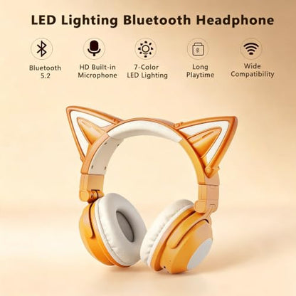 Cat Ear Headphones for Kids & Adults, LED Gaming Headset | Headphones Wired & Bluetooth Mode with Built-in Mic,Compatible with Phone/Laptop/PC/Tablet,Foldable Cute Headphones,Khaki - color: Khaki
