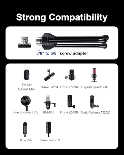 Desk Microphone Stand with Mic Clip Holder, Foldable Tripod with Non-slip Feet Adjustable Desktop Mic Stand, Ideal for Podcast, Online Chat, meetings with dynamic mics Like SM58 57 PGA48 etc.