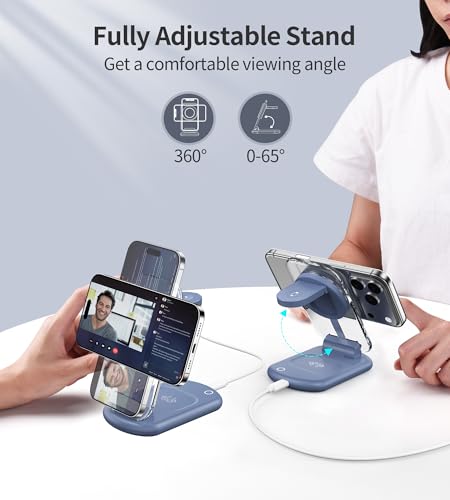 3 in 1 Magnetic Wireless Charging Station for Apple Devices | Fast Travel Charger Stand with Night Light for MagSafe-enabled iPhone 17 16 15 14 13 12 Series, Apple Watch/AirPods Pro, BU - color: Blue
