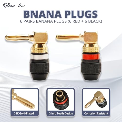 KCT 24K Real Gold Plated Right-Angle Speaker Banana Plugs Fast Lock 6 Pairs(6 red +6 Black) Quick Connect 90 Degree