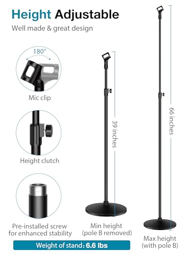 InnoGear 66.34" Mic Stand Microphone Stand Floor Weighted Base for Singing | Height Adjustable, Detachable, Portable for Travel, Stable Base, Work with Blue Yeti Shure SM58 Samson Q2U Fifine K669B - style: Screw Knob 39“ - 66"