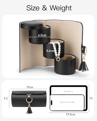 VLANDO Travel Jewelry Organizer, 3 Tier Roll Up Design, Hard Shell Storage | Stepped Sections Compartments Keep Jewelry Visible, Soft Lining Protect Pieces, Snap Closure, Travel Gift for Women Girl - color: A.Black