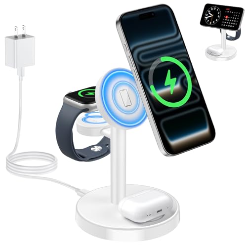 Aeinidi 2026 3 in 1 Wireless Charging Station Compatible with MagSafe, 15W Fast Magnetic Mag-Safe Charger Stand for Apple iPhone 17 16 15 14 13 12 Series iWatch AirPods Pro 4 3 2, White - color: White