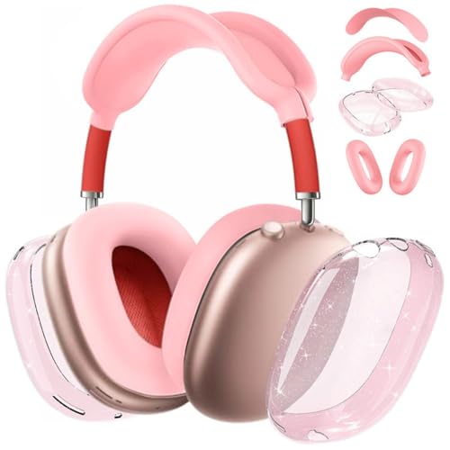 fomissky-sisa 4 in 1 AirPods Max Case Glitter Headphone Covers, Pink | Clear TPU Ear Cup Covers, Soft Silicone Earpads + Headband Cover Set, Scratch-Proof Protective Headphone Accessory Gift - color: Pink