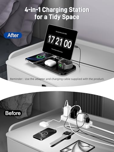 4 in 1 Wireless Charging Station with Stand for iPhone 16/15/14, Apple Watch 10/9/8, AirPods Pro 2 | Foldable Travel Charger | Nightstand Design (Black)