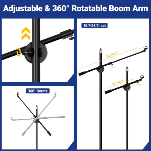 Boom Mic Stand Floor for Singing, Podcast, Studio, Live Streaming | Include Tray and Tablet Hoder, 2.9LBS Round Base, Adjutable Height 16"–63", Compatible with Yeti, SM58, QuadCast, K669B, Q2U