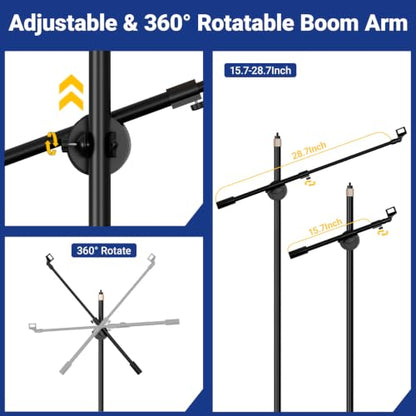Boom Mic Stand Floor for Singing, Podcast, Studio, Live Streaming | Include Tray and Tablet Hoder, 2.9LBS Round Base, Adjutable Height 16"–63", Compatible with Yeti, SM58, QuadCast, K669B, Q2U