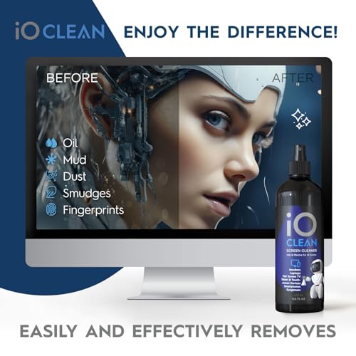 iO CLEAN Screen Cleaner Spray (16oz - 473ml) – Best Large Cleaning Kit | for LCD, LED & OLED TV, Smartphone, iPad, Laptop, Touchscreen, Computer Monitor, Microfiber Cloth Wipes & 2 Nozzles - size: 16.9 Fl Oz (Pack of 1)
