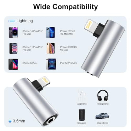 2Pack [Apple MFi Certified] Lightning to 3.5 mm iPhone Headphone Adapter Compatible for iPhone 14 13 12 11 Pro XR XS Max X 8 7 6,Aux to Lightning Cable Headphones Jack Adapter Audio Dongle Right Angle - color: Silver