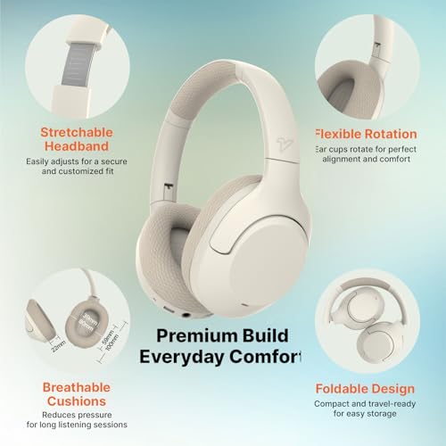 VOKALEN Hyper Pro 2 Bluetooth Headphones Over Ear, Hi-Res Audio, Adaptive Noise Cancelling, 60H Playtime, DEEP360 Spatial Sound, Comfort Mesh Ear Cushions, Deep Bass, Custom EQ (Pro 2, Ivory White) - color: Ivory White, style: Pro 2