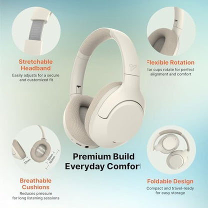 VOKALEN Hyper Pro 2 Bluetooth Headphones Over Ear, Hi-Res Audio, Adaptive Noise Cancelling, 60H Playtime, DEEP360 Spatial Sound, Comfort Mesh Ear Cushions, Deep Bass, Custom EQ (Pro 2, Ivory White) - color: Ivory White, style: Pro 2