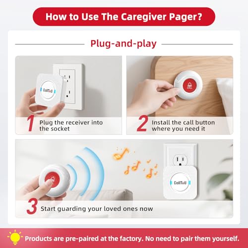 CallToU Caregiver Pager with 2 Wireless Call Button for Elderly at Home | Easy Use, Loud Whole-Home Alerts, 500+FT Through-Wall, Waterproof Call Bell Alert Buttons for Seniors/Elderly/Patients/Adults - color: white 2+2