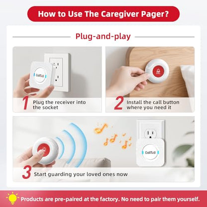 CallToU Caregiver Pager with 2 Wireless Call Button for Elderly at Home | Easy Use, Loud Whole-Home Alerts, 500+FT Through-Wall, Waterproof Call Bell Alert Buttons for Seniors/Elderly/Patients/Adults - color: white 2+2