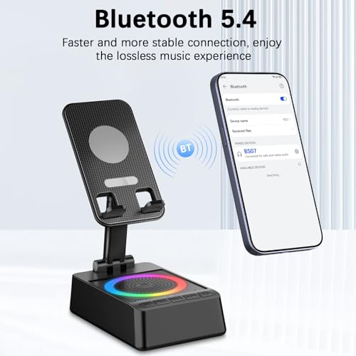 Gifts for Men Women, Cell Phone Stand with Wireless Bluetooth Speaker, 4 in 1 Bluetooth Speaker, for Men Women Teens, LED Lights 360° Phone Holder Compatible with Phones iPad - color: Jet Black