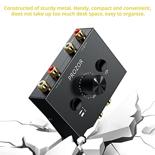 PROZOR RCA Stereo Audio Switcher - 2 in 1 Out R/L Stereo Audio Switch, 1 in 2 Out Stereo Audio Switcher Selector with Mute Button and No External Power Required (Black 2-1) | RCA L/R Stereo Switch with Volume Control, Mute Button, Passive Design and No Ex