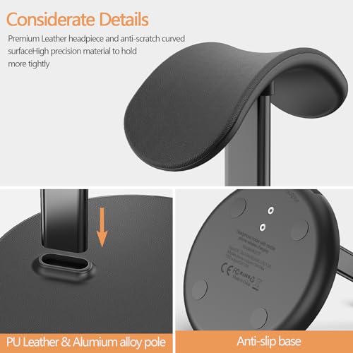 Headphone Stand with Wireless Charger, Gaming Headset Holder Hanger Rack 2 IN 1 Wireless Charging Station Dock for iPhone 15/14/13/12/11 Series, Samsung, AirPods Pro/3/2 and Desk All Headphones, Black | 2 in 1 Charging Station for iPhone, Samsung, AirPods