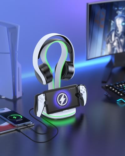 FYOUNG Gaming Headset Holder with Charging Dock Station for Playstation Portal,Atmosphere Light Stand with Magnetic Charging Headphone Stand & Extra 2 USB Charger Ports for Desktop PC Game Accessories