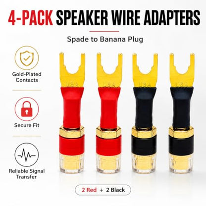 4-Pack Y-Spade to 4mm Banana Female Jack Socket Adapter, 24K Gold-Plated OFC Copper, Self-Locking 45° Fork, for Speaker Wire, Amplifier, AV Receiver, Home Theater, Hi-Fi Binding Post